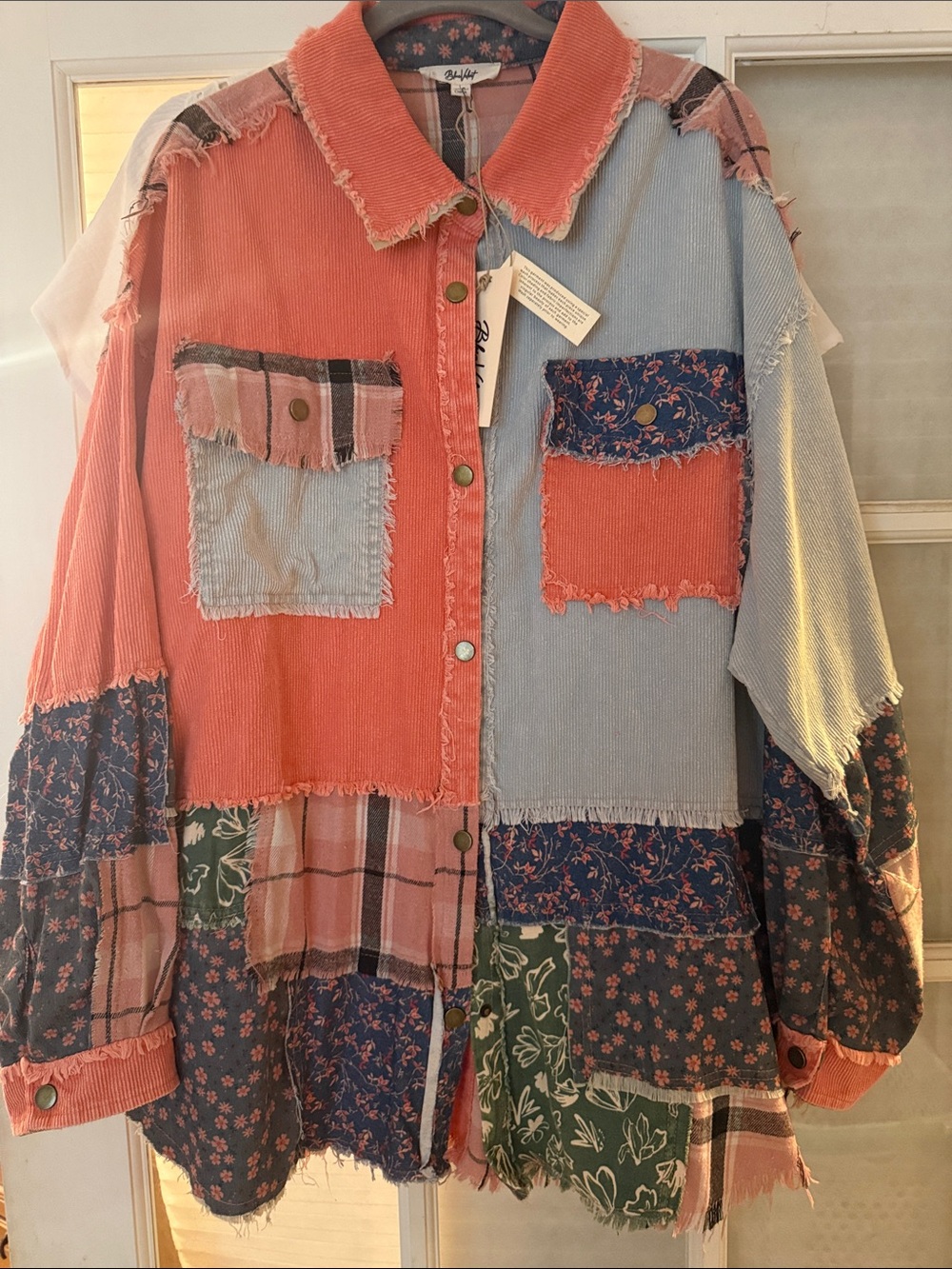 Blue velvet Boho Patchwork Corduroy Shirt Jacket - Coral & Light Blue